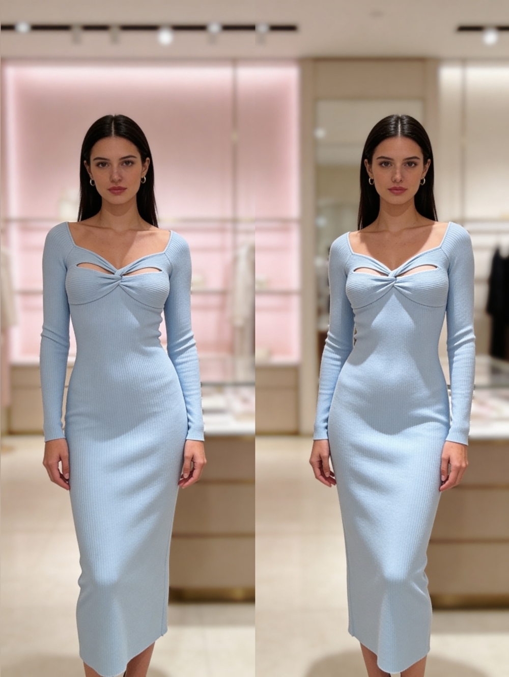 Long Sleeve Cutout Ribbed Midi Dress - Light Blue